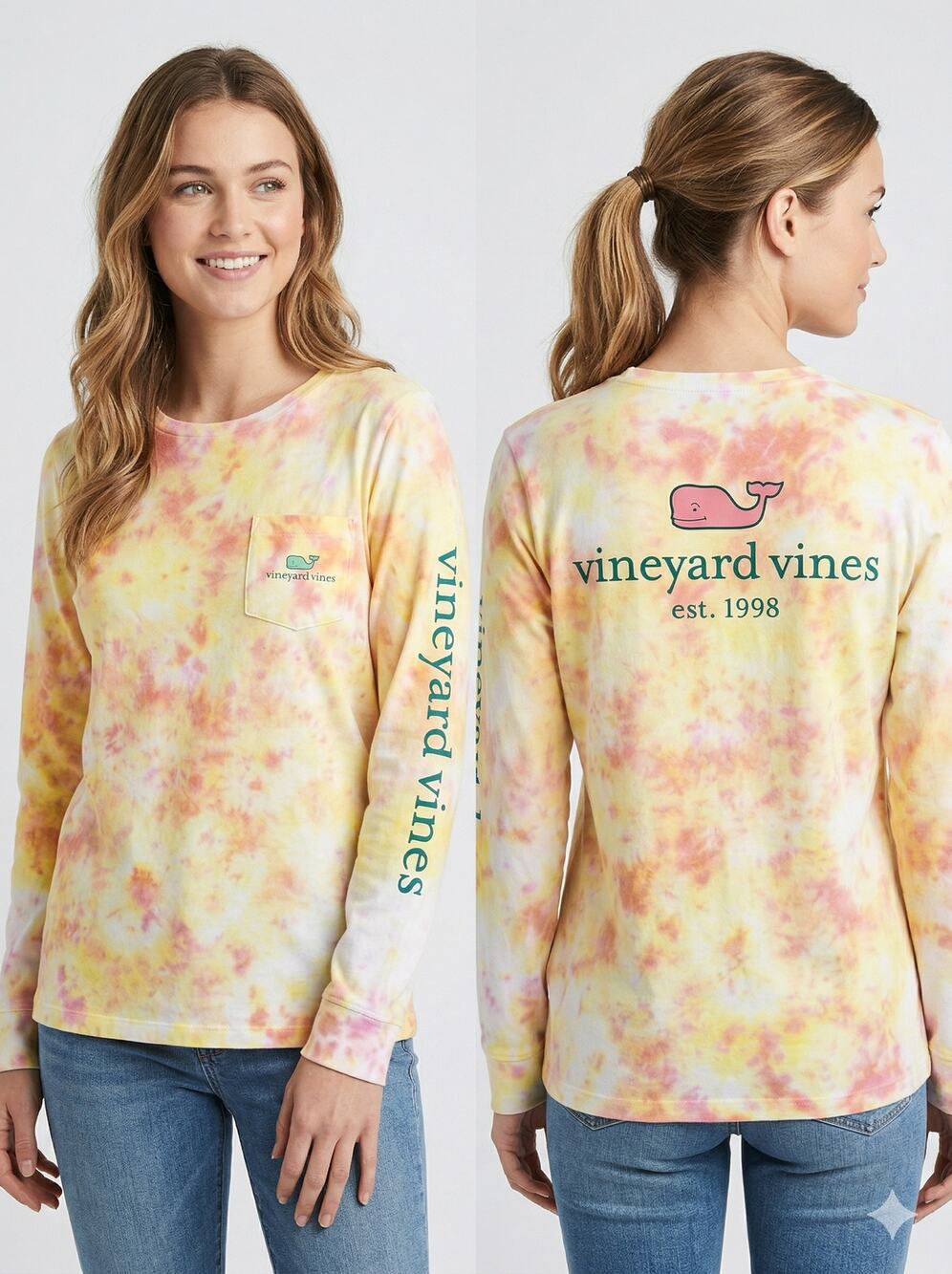 Vineyard Vines Womens XS Yellow Tie Dye Long Sleeve TShirt 100% Cotton